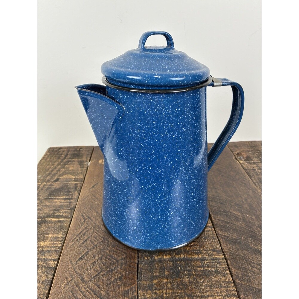 Blue Speckled Enamelware Coffee Pot Tea Kettle Metal Vintage